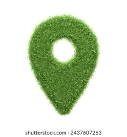 A map pin icon designed with green grass texture isolated on a white background, symbolizing environmentally conscious navigation and green locations. 3D render illustration