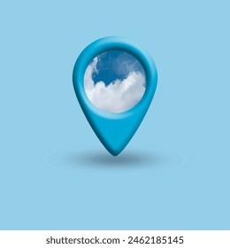 Map pin location button with clouds on blue, map pointer navigation concept