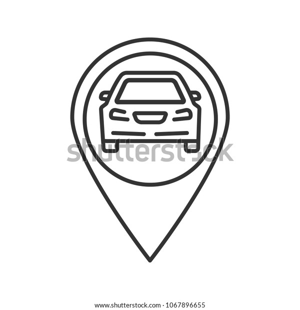 Map pinpoint with car\
inside linear icon. Thin line illustration. Auto workshop, petrol\
station, parking zone location. Contour symbol. Raster isolated\
outline drawing