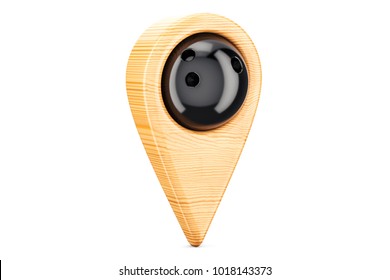 Map pointer with bowling ball, location concept. 3D rendering isolated on white background