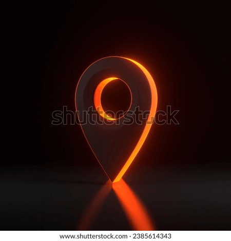 Map pointer with bright glowing futuristic orange neon lights on black background. Map marker icon. 3D render illustration