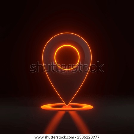 Map pointer with bright glowing futuristic orange neon lights on black background. Map marker icon. 3D render illustration