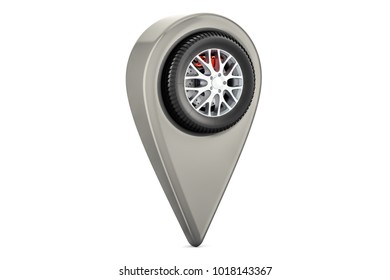 Map pointer with car wheel, service location concept. 3D rendering isolated on white background