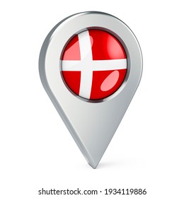 Map pointer with flag of Denmark, 3D rendering isolated on white background