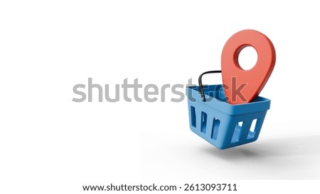 Map pointer with shopping basket on white background. A marketplace and online shop location element. 3d illustration of shopping location. Shopping concept element for design. Map pin with basket.