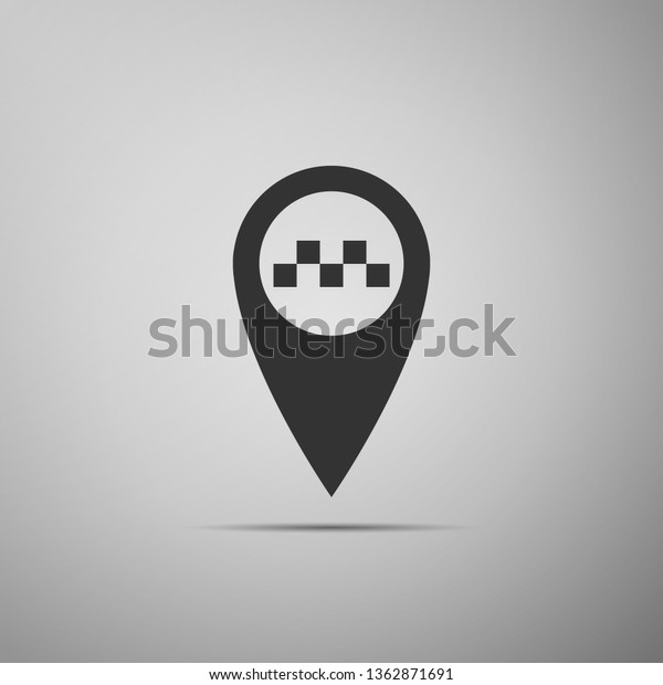 Map pointer with taxi icon isolated on grey\
background. Flat\
design
