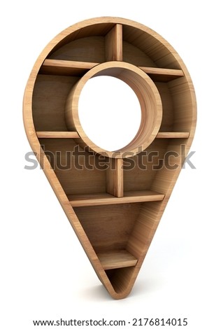 Map pointer wooden Shelf isolated on white background. Gps pointer Shelf. 3d rendering