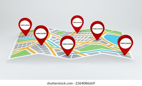 Map with Red Pin Pointer with Foreclosure word on it, 3D Illustration