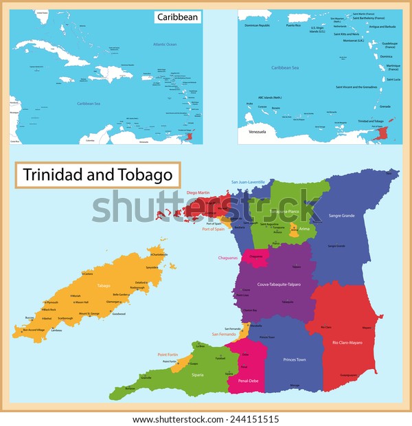 Map of the\
the Republic of Trinidad and Tobago drawn with high detail and\
accuracy. Trinidad and Tobago is divided into corporations which\
are colored with different bright\
colors