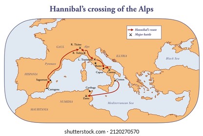 Map With The Route Of Hannibal Crossing Of The Alps