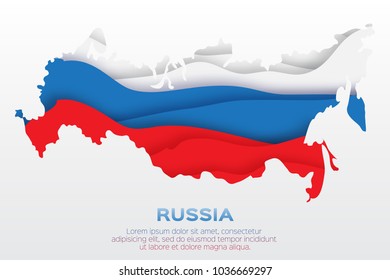 Map Of Russia In Russian Flag Colors With Shadow Effect. Origami Paper Cut Style