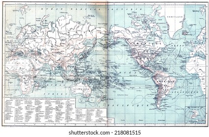 Map Showing Active Volcanoes Across Asia, Europe, Africa And Australia, North And South America, Vintage Engraved Illustration. Dictionary Of Words And Things - Larive And Fleury - 1895.