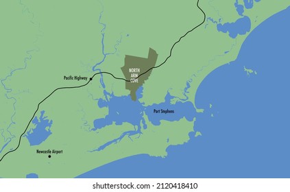 Map showing the location of North Arm Cove, Port Stephens, Pacific Highway and Newcastle Airport
