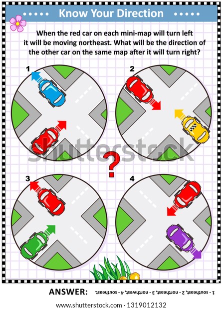 Map skills and cardinal directions learning,\
training, practice activity page or worksheet with cars and city\
mini-maps. Answer\
included.