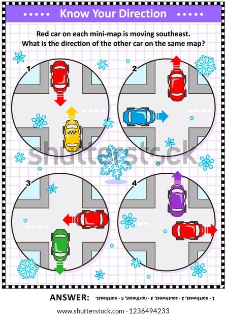 Map skills learning and training activity page or
workshee, winter or winter holidays themedt: Red car on each
mini-map is moving southeast. What is the direction of the other
car on the same map?