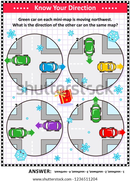 Map skills learning and training activity page or\
workshee, winter or winter holidays themedt: Red car on each\
mini-map is moving northwest. What is the direction of the other\
car on the same map?