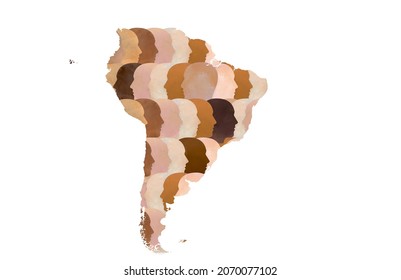 Map Of South America With Multicultural And Diverse Faces With Different Racial Skin Tones. Representation Of South American Racism, Immigration, Equality, Diversity, And Asylum Seekers. 