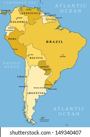 Map Of South America. Political Division - Countries And Capital Ciites. Countries Are Separate Objects, You Can Change Color Of Every Country.