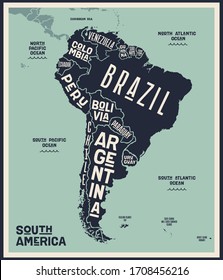 Map South America. Poster map of South America. Black and white print map of South Latin America for t-shirt, poster or geographic themes. Hand-drawn graphic map with countries. Illustration
