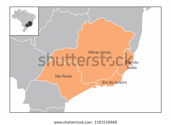 Map Southeast Region Brazil Identified States Stock Illustration