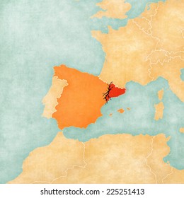 Map of Spain and Catalonia with black crack. Illustration for a referendum on independence of Catalonia