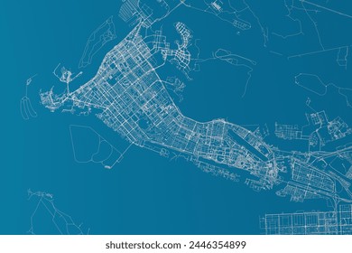 Map of the streets of Abu Dhabi (UAE) made with white lines on blue background. Top flat view. 3d render, illustration
