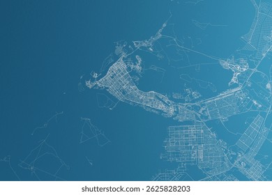 Map of the streets of Abu Dhabi (UAE) made with white lines on blue paper. Top flat view, rough background. 3d render, illustration