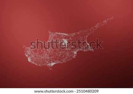 Map of the streets of Cyprus made with white lines on abstract red background lit by two lights. Top flat view. 3d render, illustration