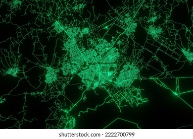 Map Of The Streets Of Gaborone (Botswana) Made With Green Illumination And Glow Effect. Top View On Roads Network. Cyberspace, Neon Lights. 3d Render, Illustration