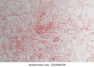 Map Of The Streets Of Guangzhou (China) Made With Red Lines On White Paper. Top Flat View. 3d Render, Illustration