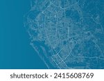 Map of the streets of Kaohsiung (Taiwan) made with white lines on blue background. Top flat view. 3d render, illustration