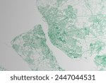 Map of the streets of Liverpool (UK) made with green lines on white paper. Top flat view. 3d render, illustration