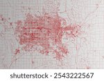 Map of the streets of Omaha (Nebraska, USA) made with red lines on white paper. Top flat view. 3d render, illustration