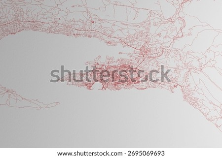Map of the streets of Split (Croatia) made with red lines on white paper. Top flat view. 3d render, illustration