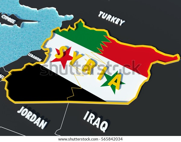 Map of Syria divided with\
government and rebel flags with surrounding countries - 3D\
render