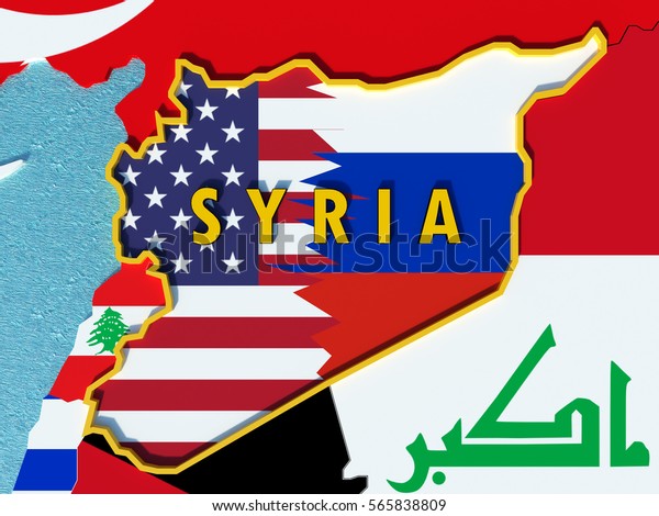 Map of Syria divided with USA and\
Russia flags with surrounding countries - 3D\
render