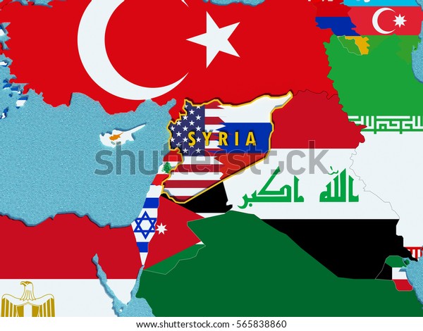 Map of Syria divided with USA and\
Russia flags with surrounding countries - 3D\
render