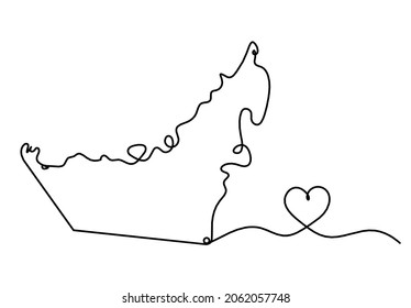 Map of UAE with heart as line drawing on white background