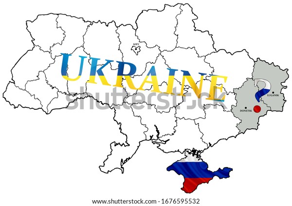 Map of Ukraine and Anexed Crimea. Conflict\
with Russia. A divided Ukraine - map of the conflict of ethnic\
regions. Colors of national flags. Isolated on white background.\
Quality \
macro\
photography.