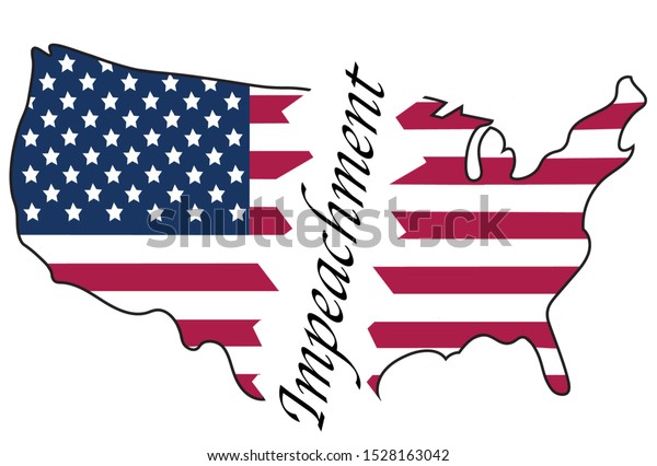 Map\
of the United States decorated with the Stars and Stripes of the\
flag divided in two pieces by the word\
Impeachment.