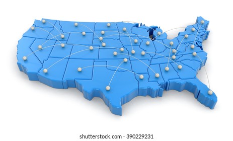 Map Of USA With Flight Paths. Image With Clipping Path.