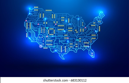 Map of the USA as a printed circuit Board. illustration. Electronic industry of America. luminous signals are transmitted via conductors and pads with bokeh effect