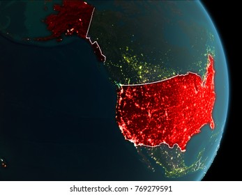 Map of USA in red as seen from space on planet Earth at night with white borderlines and city lights. 3D illustration. Elements of this image furnished by NASA.
