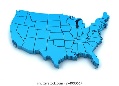 Map of USA with state borders, 3d render