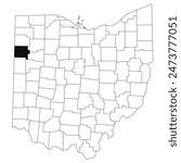 Map of Van Wert County in Ohio state on white background. single County map highlighted by black color on Ohio map. UNITED STATES, US