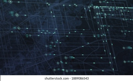 Map view with connections. Futuristic logistic illustration. Flat graph visualization. Transport Point indicators. Global Trading statistics. Digital business network. Transfer scheme or matrix