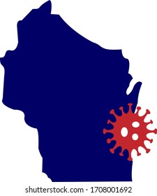 Map Of Wisconsin State With A Coronavirus Graphic Icon (COVID-19). Also Useful For Flu Season