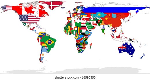 Map of World with flags in relevant countries, isolated on white background.