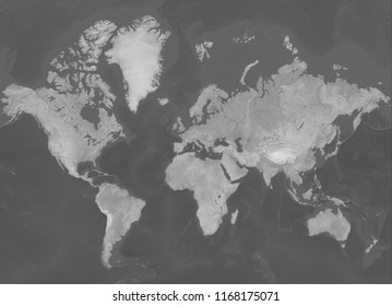 Map Of The World In Mercator Projection (no Antarctica) - Terrain Depicted Monochromatically In Shades Of Gray. Gray Earth With Shaded Relief, Hypsography, Ocean Bottom, And Drainages - 3D Rendering