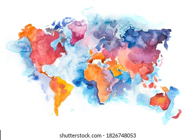 Map of the world with oceans and seas. Watercolor hand drawn